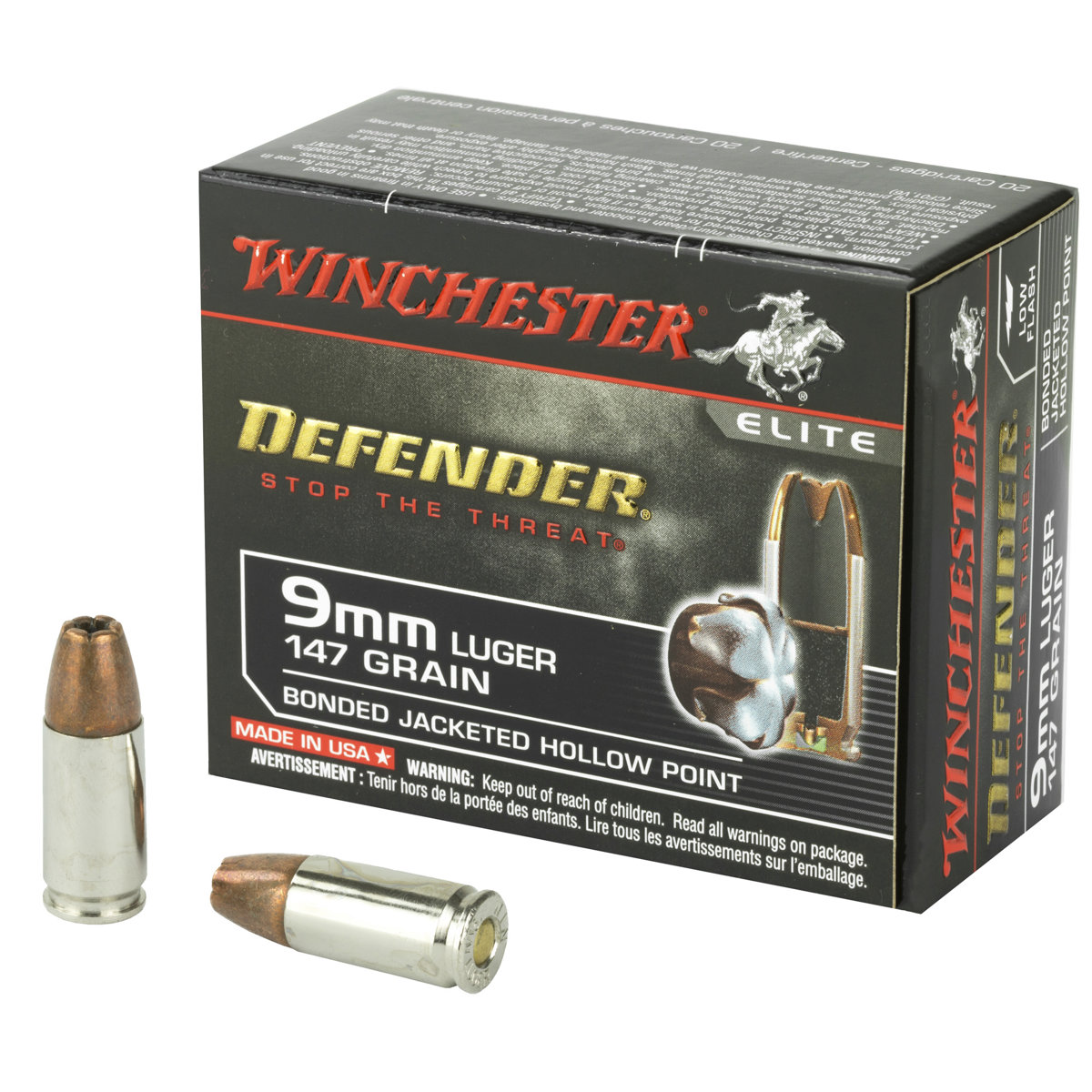 Winchester Defender PDX1 9mm Luger 147gr Bonded Jacket Hollow Point Ammunition (20 Rounds)